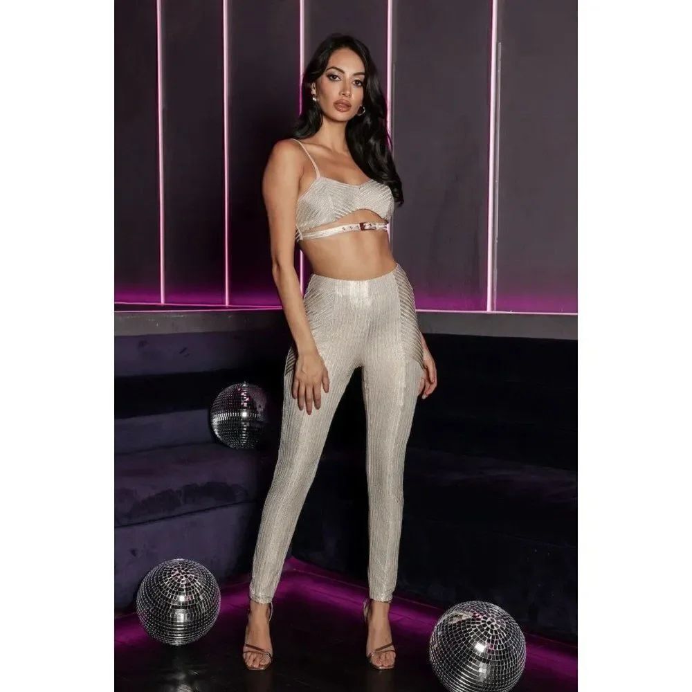 HELLO MOLLY VIP ENTOURAGE PANTS Solid Metallic GOLD High Rise Leggings 2 Xs